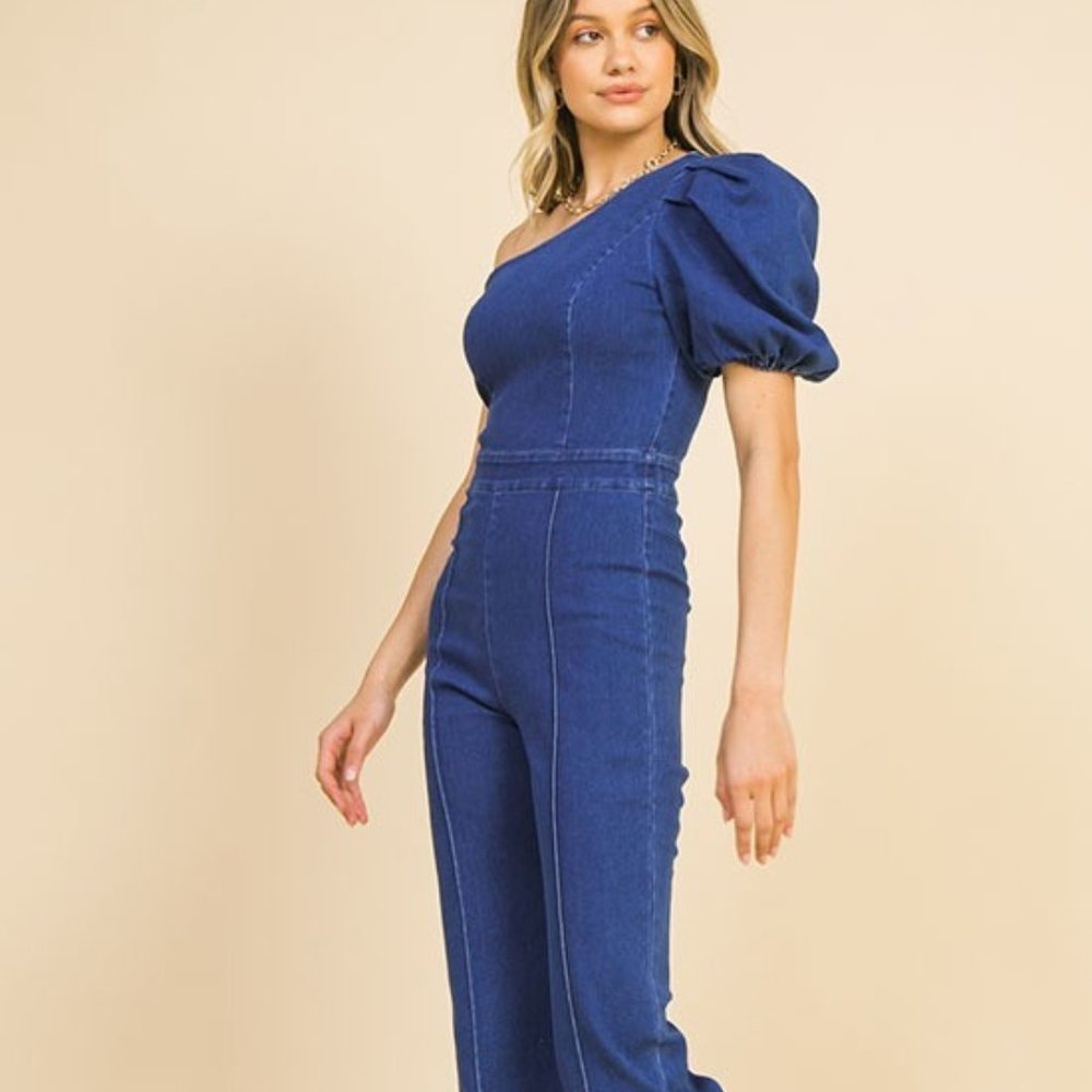 Atarty | MEDIUM INDIGO Wide Leg Denim Jumpsuit w/One Shoulder - Picture 6 of 9